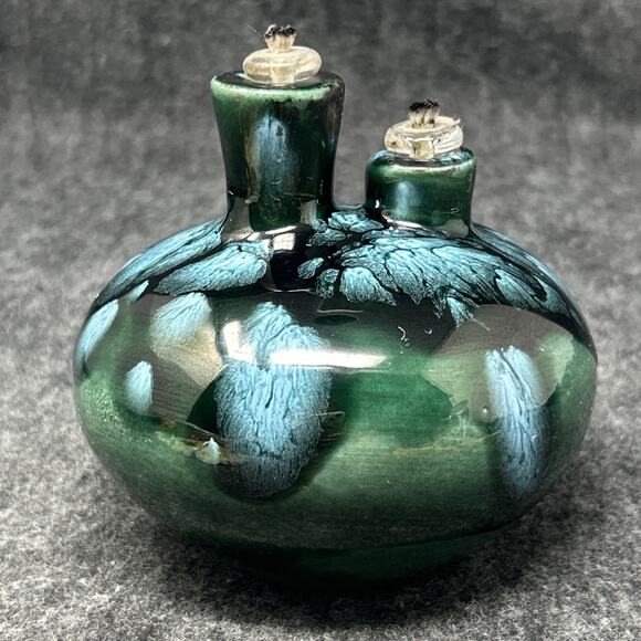Handmade Pottery Oil Lamp Signed Unknown Artist Dual Wick Rustic Decor - Picture 1 of 9